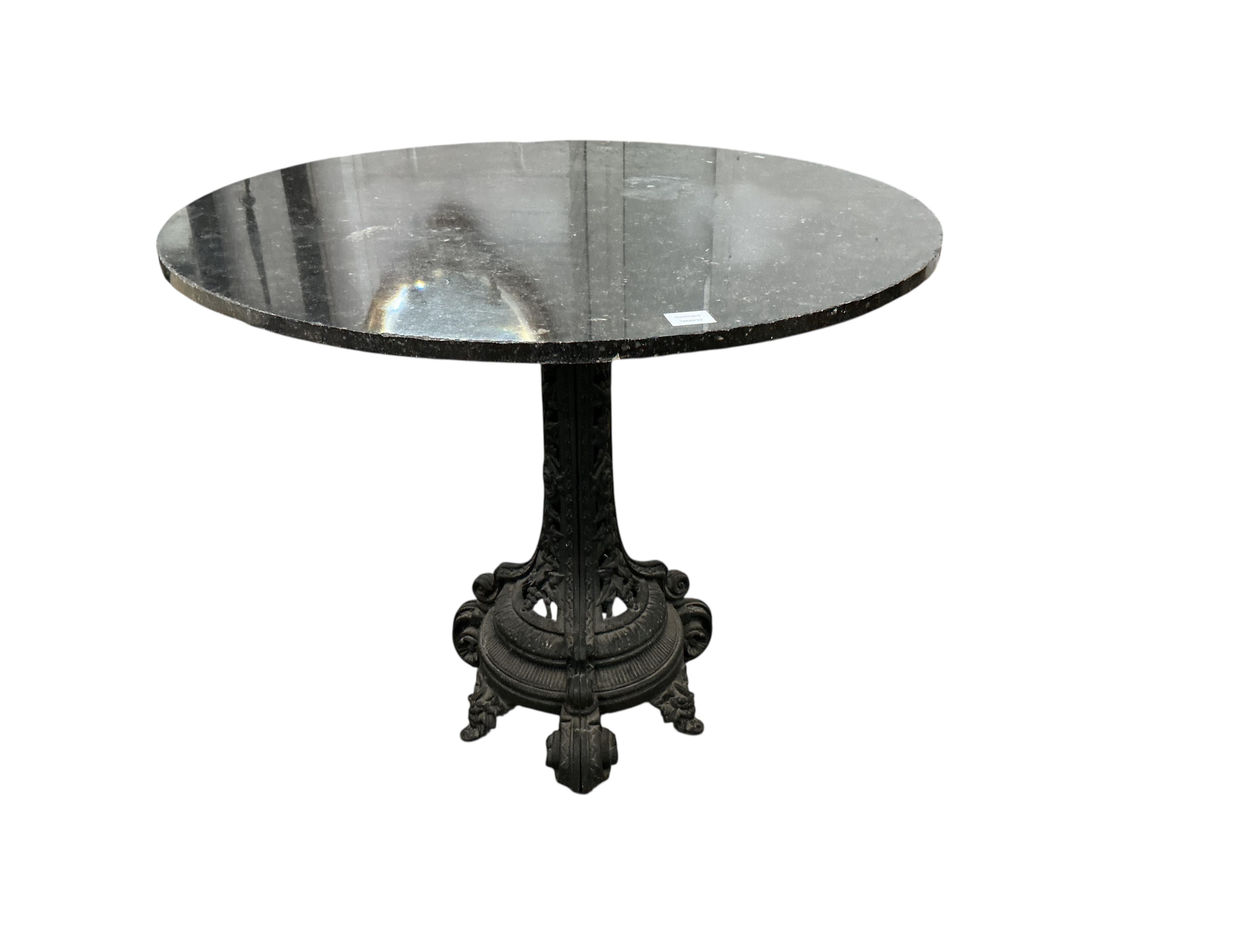 A Victorian and later circular cast iron marble topped centre table, diameter 90cm, height 76cm, Provenance: The late Kenneth Turner (1936-2025), celebrity florist, designer and perfume retailer, he received the Royal Wa